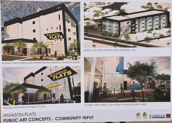 photo of Poster board displaying Amazon Flats renderings.