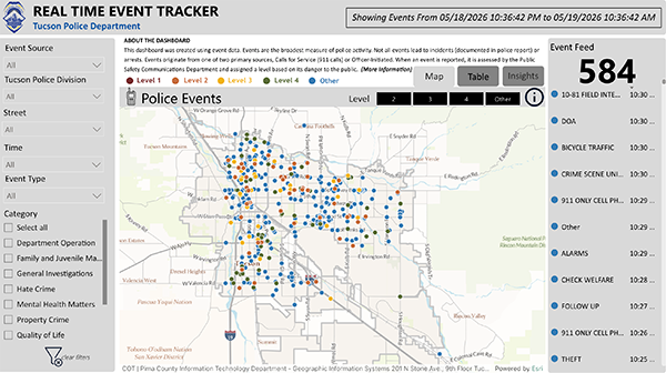 Real Time Crime Tracker, a dashboard in the form of a map showing locations and call types.