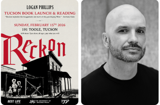 Graphic displaying the book cover for Reckon and a photo of its author Logan Phillips.