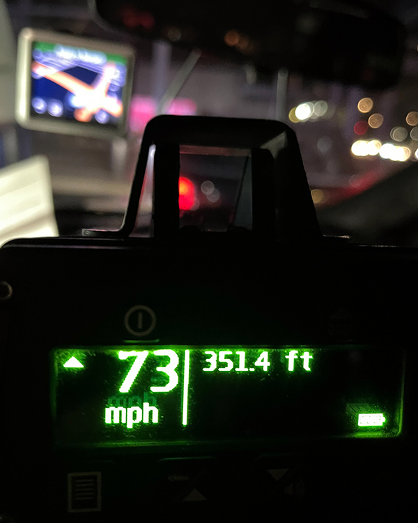 Screen of LIDAR at night showing 73 mph 351.4 ft.