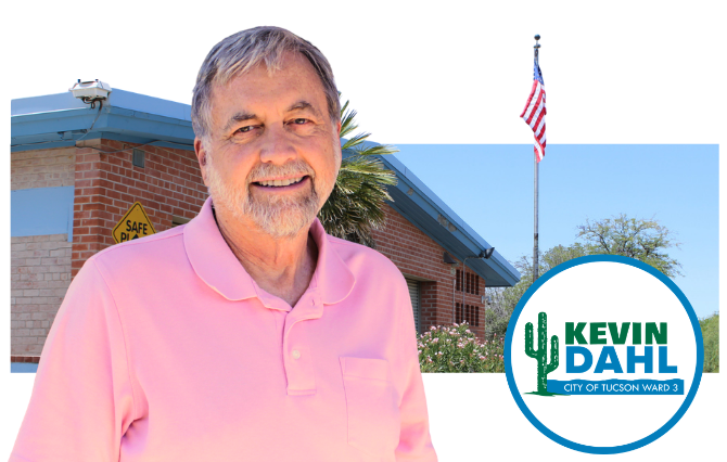 Photo of Council Member Dahl in front of his Ward 3 office with the Kevin Dahl logo Super imposed on the image
