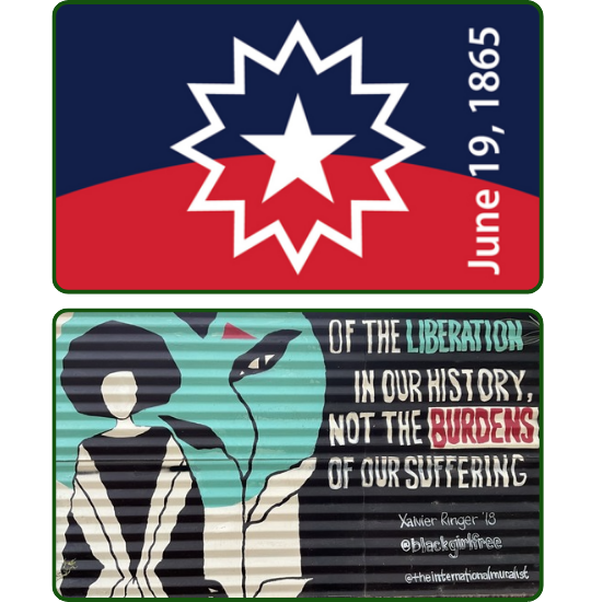 Graphic of the Juneteenth flag over the Sugar Hill Mural