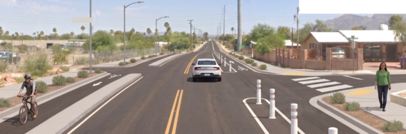 Wide urban street with a car driving between separated bike lanes and sidewalks, featuring a cyclist and a pedestrian on either side.
