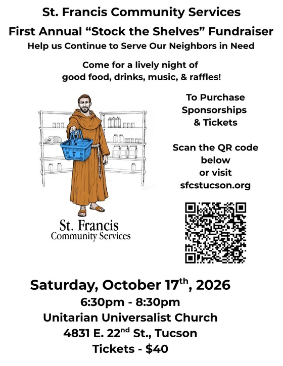 Flyer for St. Francis Community Services First Annual "Stock the Shelves" Fundraiser on 10/17 from 6:30-8:30 pm at 4831 E. 22nd St. 