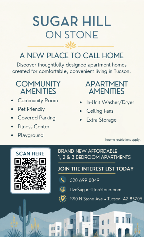Flyer for Sugar Hill on Stone, thoughtfully designed apartment homes at 1910 N. Stone Ave. Call 520-629-0049 for more information