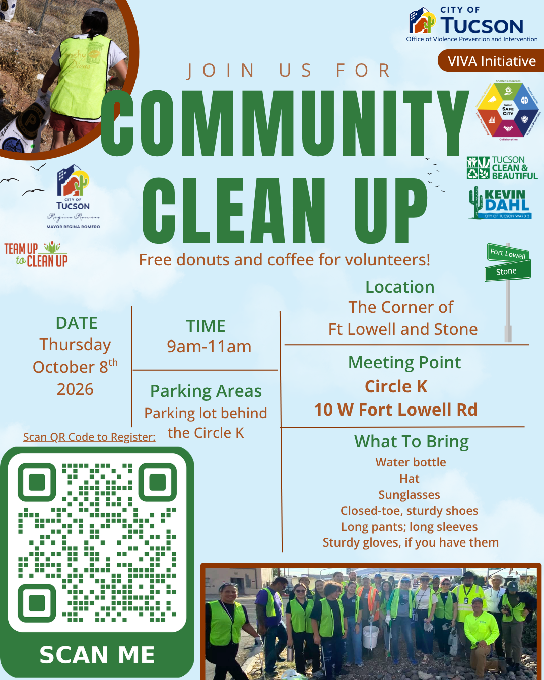 Flyer for Community Clean up on 10/08, 9 - 11 am, at 10 W. Fort Lowell
