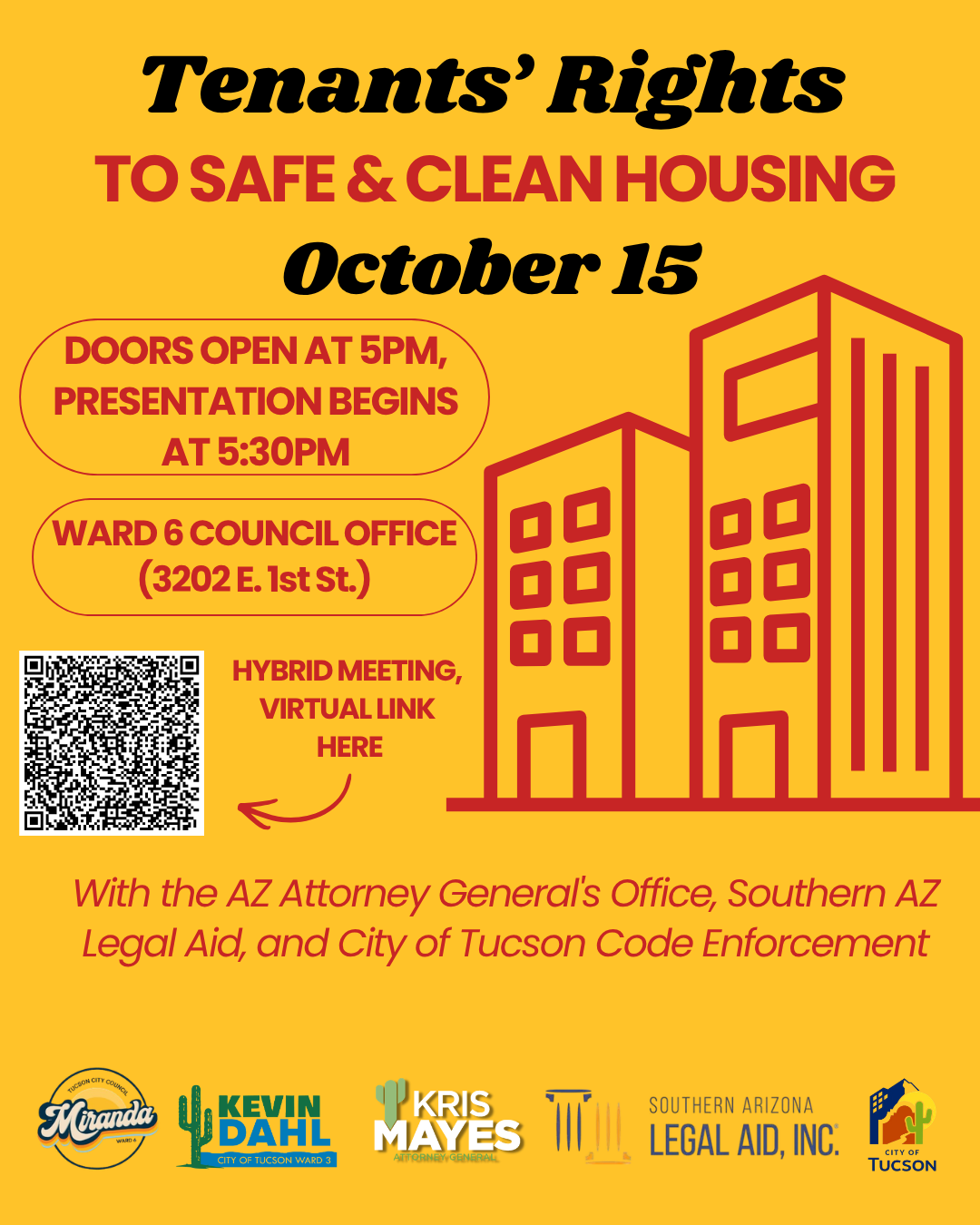 Flyer for Tenant's Rights event on 10/15 at 5:30 pm at Ward 6, 3202 E. 1st St. featuring the Arizona Attorney General