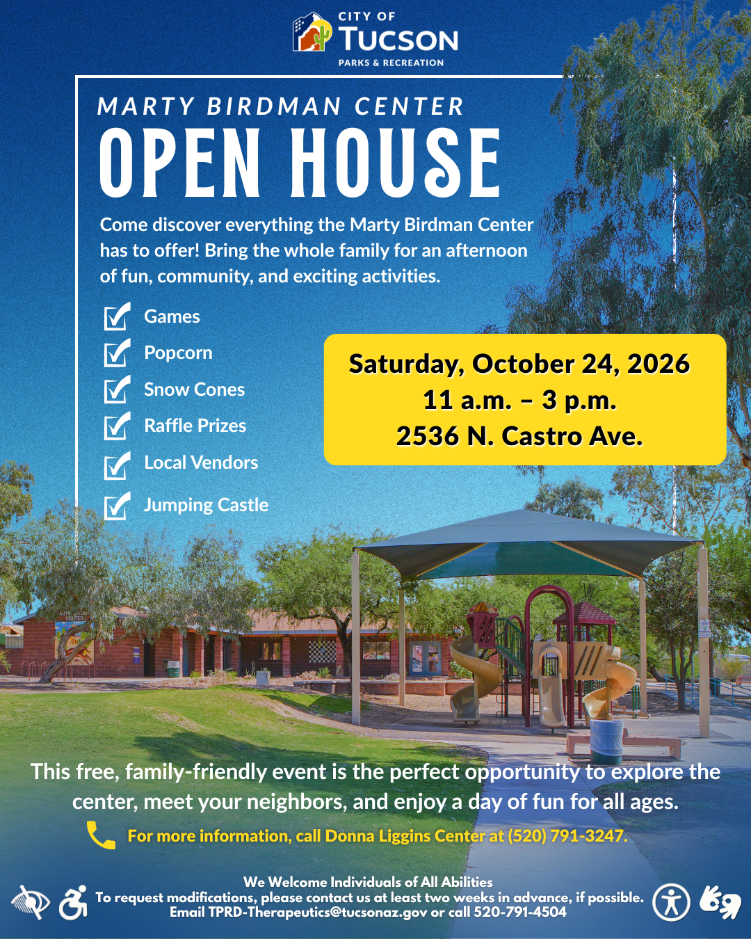 Marty Birdman Center Open House on Saturday 10/24 from 11 am - 3 pm
