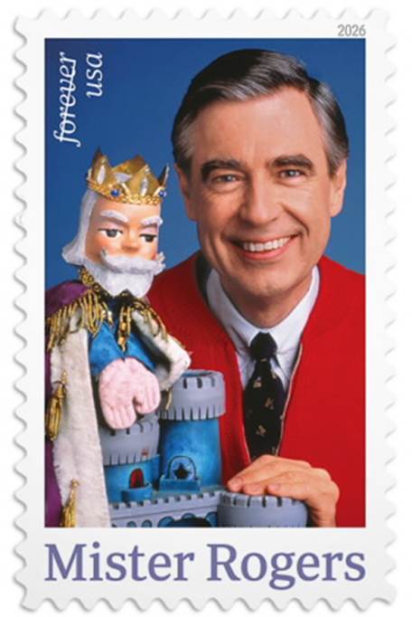 A USPS Mister Rogers Forever stamp, featuring Mister Rogers with a puppet 