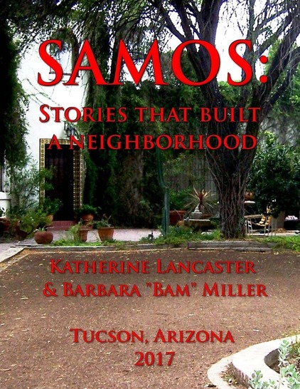 Book cover image with trees and a home and book name Samos: Stories That Built a Neighborhood 