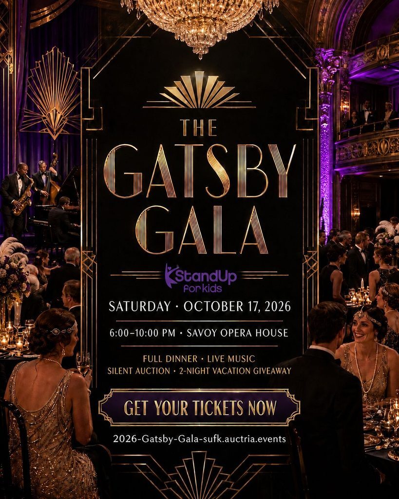 Flyer for a Gatsby Gala on 10/17 benefiting Stand Up for Kids