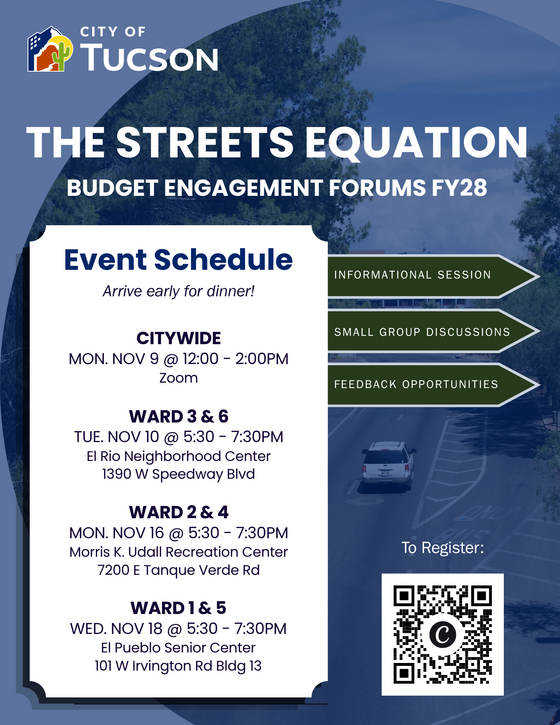 Flyer for Budget Engagement Forum the Streets Equation with information sessions, small group discussions, and feedback opportunities.