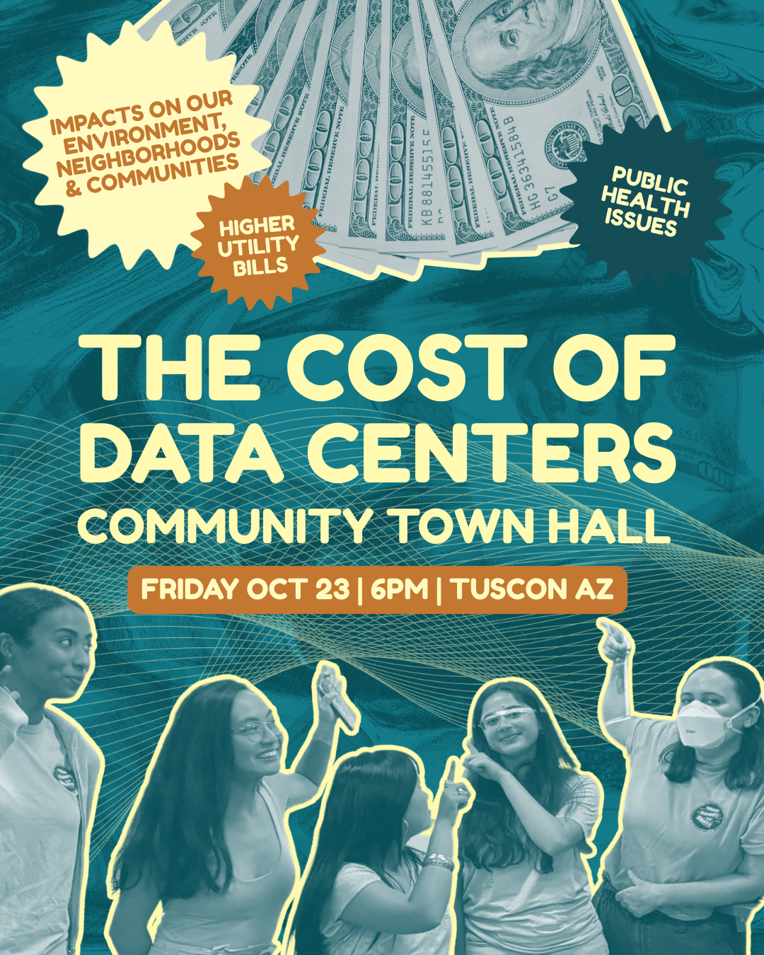 Flyer for The Cost of Data Centers Community Town Hall on 10/23 at 6 pm in Tucson