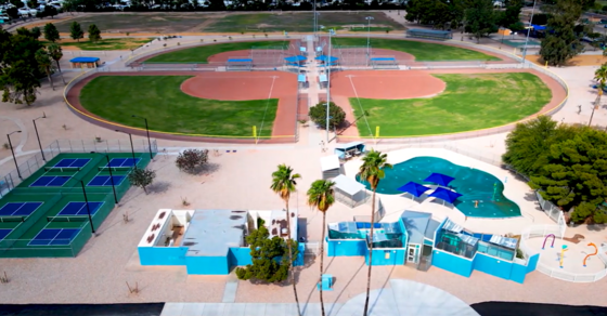 an aerial shot of Jacob's Park showing the pool, pickleball courts, splash pad, 4 baseball fields, trees, and more
