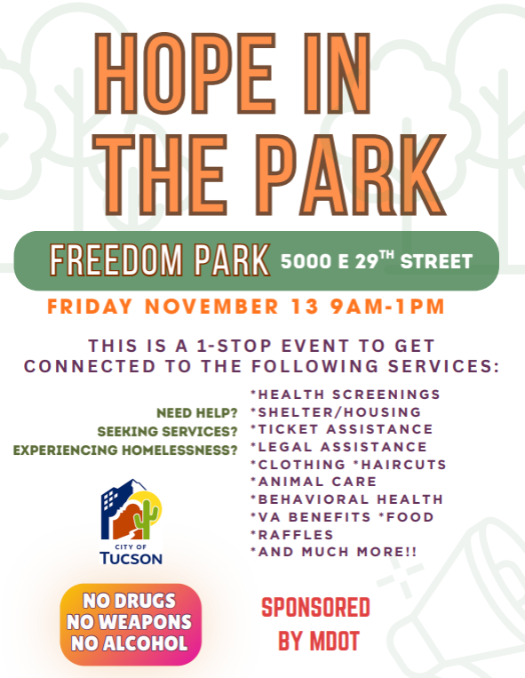 Flyer for Hope in the Park Event on 11/13 from 9 am - 1 pm at Freedom Park, 5000 E. 29th St.
