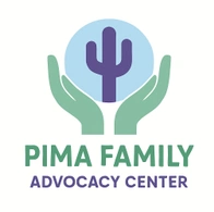 logo for the Pima Family Advocacy Center, which features two green hands holding a blue circle with a purple saguaro in the center