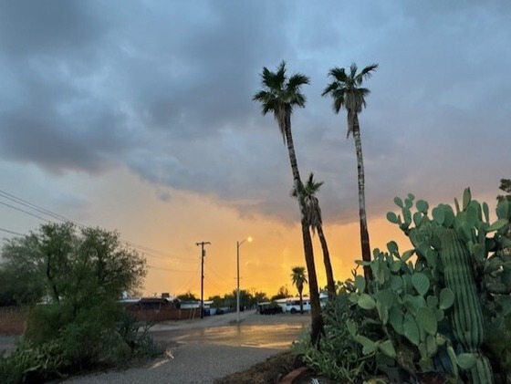 a grey sky with a sunset low on the horizon and standing water in the street
