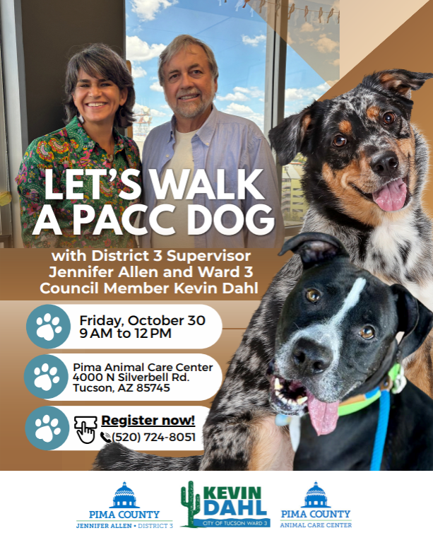 Flyer for Let's Walk A PACC Dog Event on Friday 10/30 from 9 am - 12 pm at PACC, 4000 N. Silverbell Rd. 