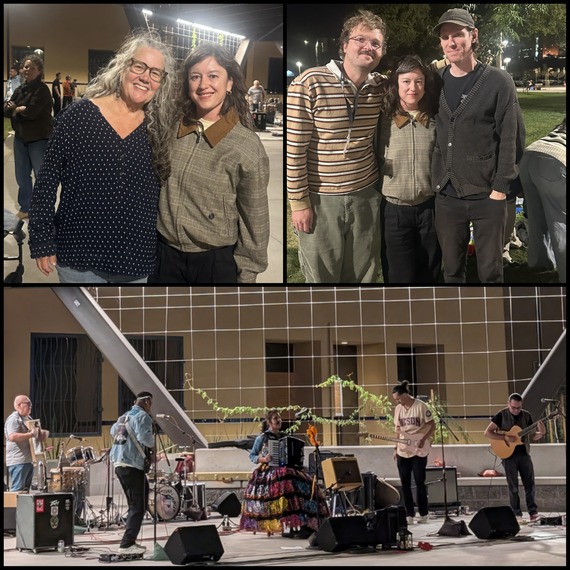 a photo collage featuring faces of people under the new bandshell at Armory Park