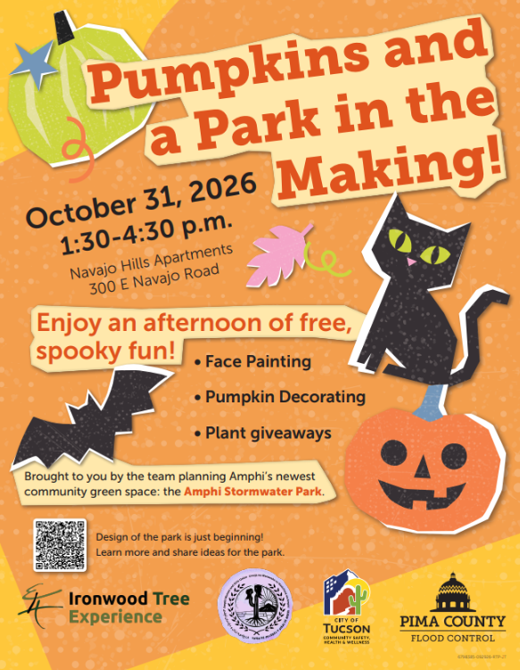 An orange flyer for an event on 10/31 from 1:30 - 4:30 pm at 300 E. Navajo Rd. called Pumpkins and a Park in the Making