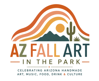 an image of a saguaro and a mountain with a sun under a rainbow. Text below the image reads AZ Fall Art in the Park 