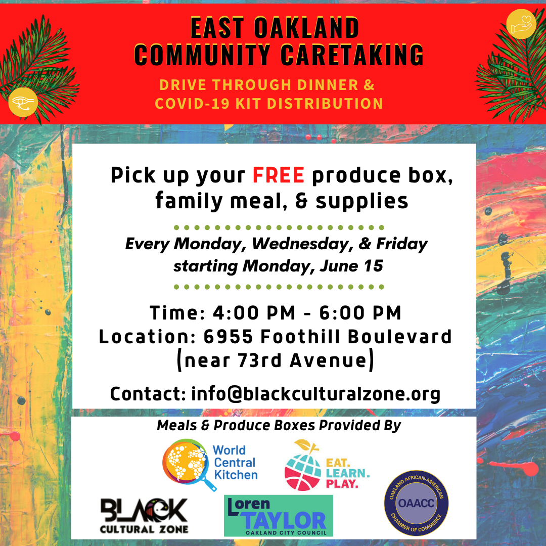 The Black Cultural Zone in East Oakland has partnered with World Central Kitchen and Eat. Play. Learn. to distribute produce boxes and meals.