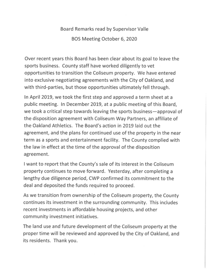 Formal Statement from BOS Regarding Selling Share of Coliseum