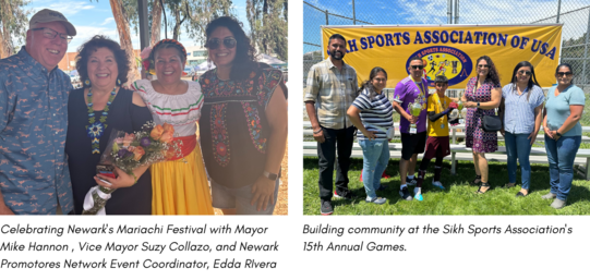 Community engagement photos at the Newark Mariachi Festival and the Sikh Sports Association
