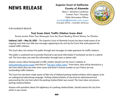 Alameda County Superior Court Press Release: Traffic Citation Text Scam Alert