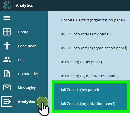 Screenshot showing the Jail Census (My Panel) and Jail Census (Organization Panel) in the menu
