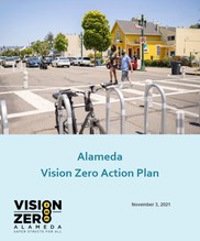 Cover page of the Vision Zero Action Plan dated November 3, 2021. Image of people walking across a street with vehicles stopped for them.