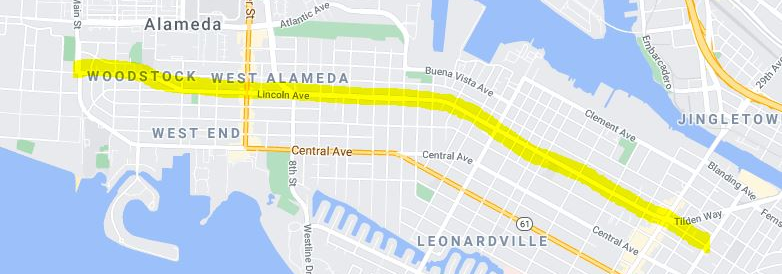 Map showing Lincoln/Marshall/Pacific corridor highlighted from Broadway to Main St