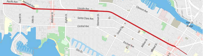 Map showing Lincoln/Marshall/Pacific corridor from Broadway to Main
