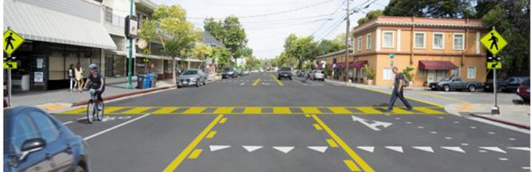 Rendering of a street with two traffic lanes, a center turn lane, class II bike lanes, and a high visibility crosswalks with flashing beacons