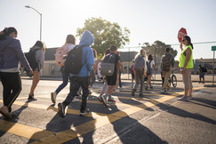 photo of kids in the crosswalk near Lincoln Middle School 