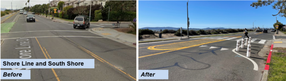 Before and after shot of South Shore and Shore Line intersection. New ladder-style crosswalk, paint and post bulb-out, center markings.