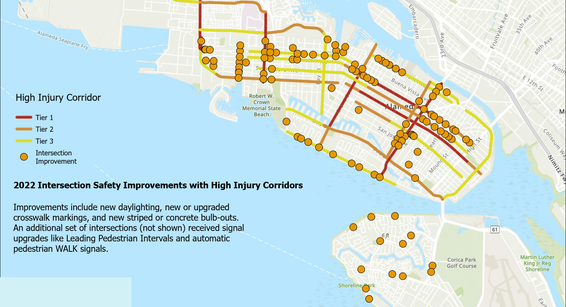 Map showing 113 intersections where street safety improvements were constructed in 2022