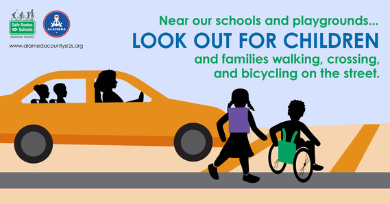 Near our schools and playgrounds, look out for children and families walking, corss, and bicycling on the street