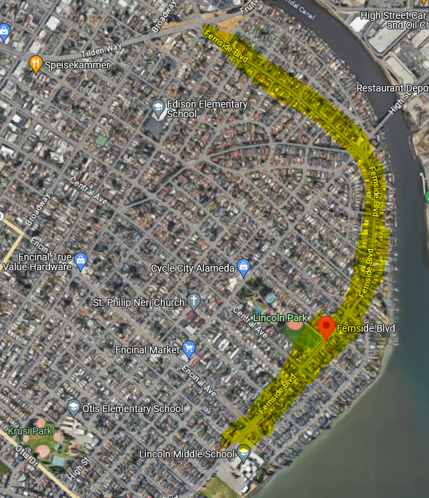Aerial image from Google Maps with Fernside Blvd highlighted from Tilden to Lincoln Middle