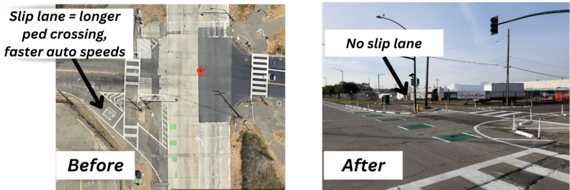 "Before" photo of W Midway/Main with slip lane; "After" photo with the slip lane blocked