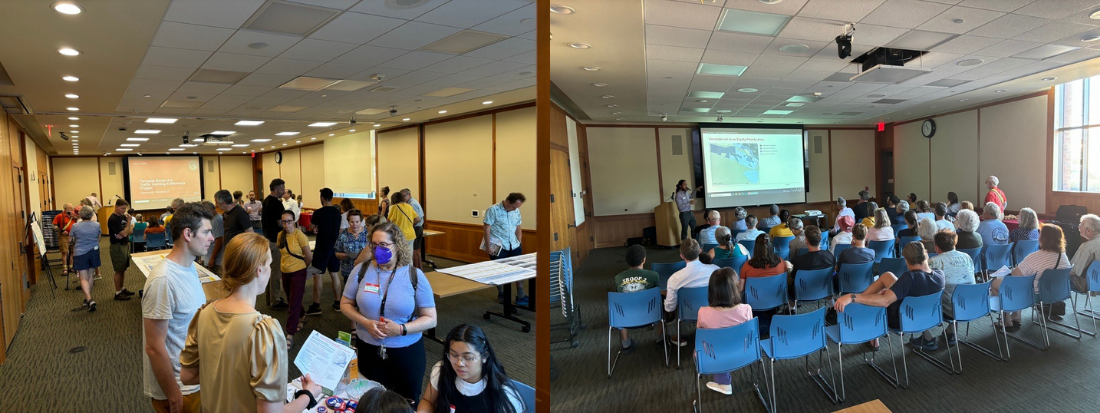 Two photos of a public workshop: one where people are standing and looking at diagrams and one where they are sitting listening to a presentation