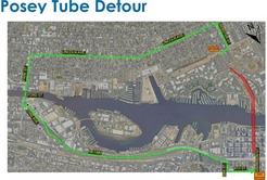 Map showing detour on Alameda and Oakland streets when Posey Tube is closed