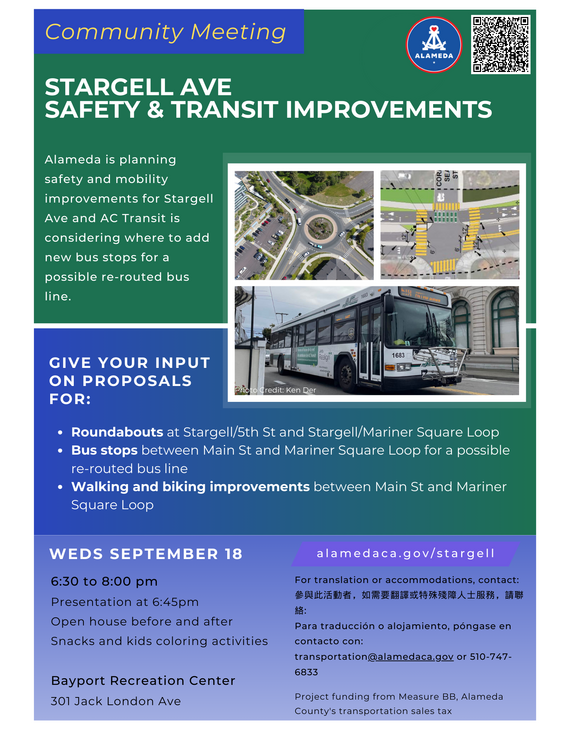 Flyer for Stargell Community meeting with images of roundabout, bus and Stargell/Coral Sea intersection. Same meeting details as in email.