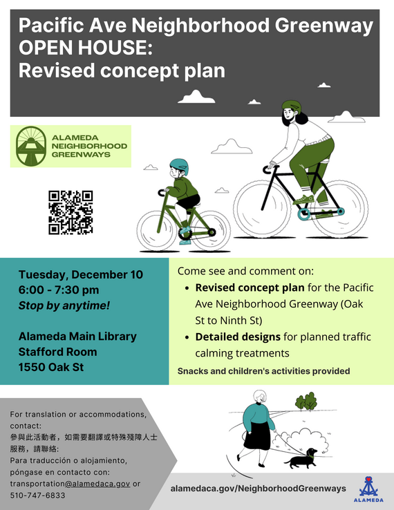Flyer with details for 12/10 Pacific Ave Neighborhood Greenway Open House