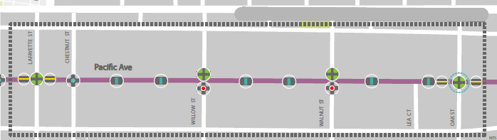 Concept plan map image for Pacific Neighborhood Greenway showing Lafayette to Oak