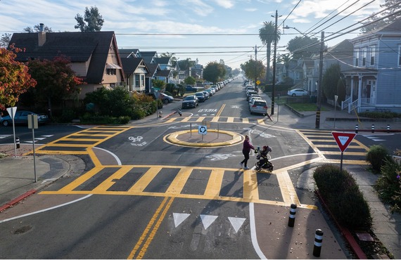 Aerial photo of Pacific Ave and Chestnut St intersection with new traffic circle and pedestrian