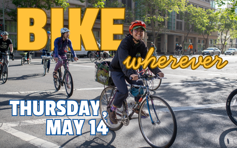 Promotional photo of people riding their bikes with Bike Wherever Thursday May 14 text