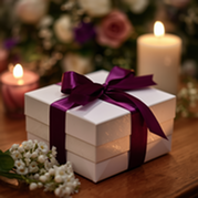 White gift box with purple ribbon and small white flowers