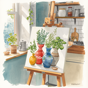 Easel with a painting of potted plants