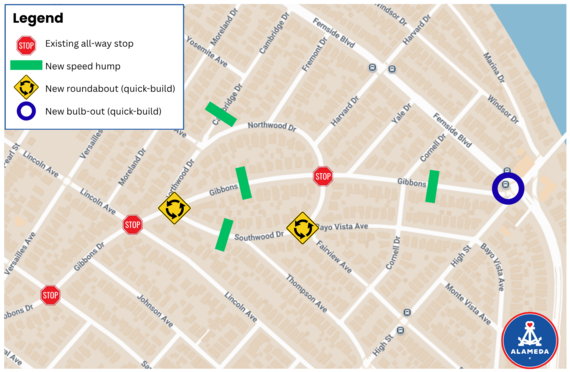 Map showing locations of four speed humps and 2 roundabout in the Gibbons area